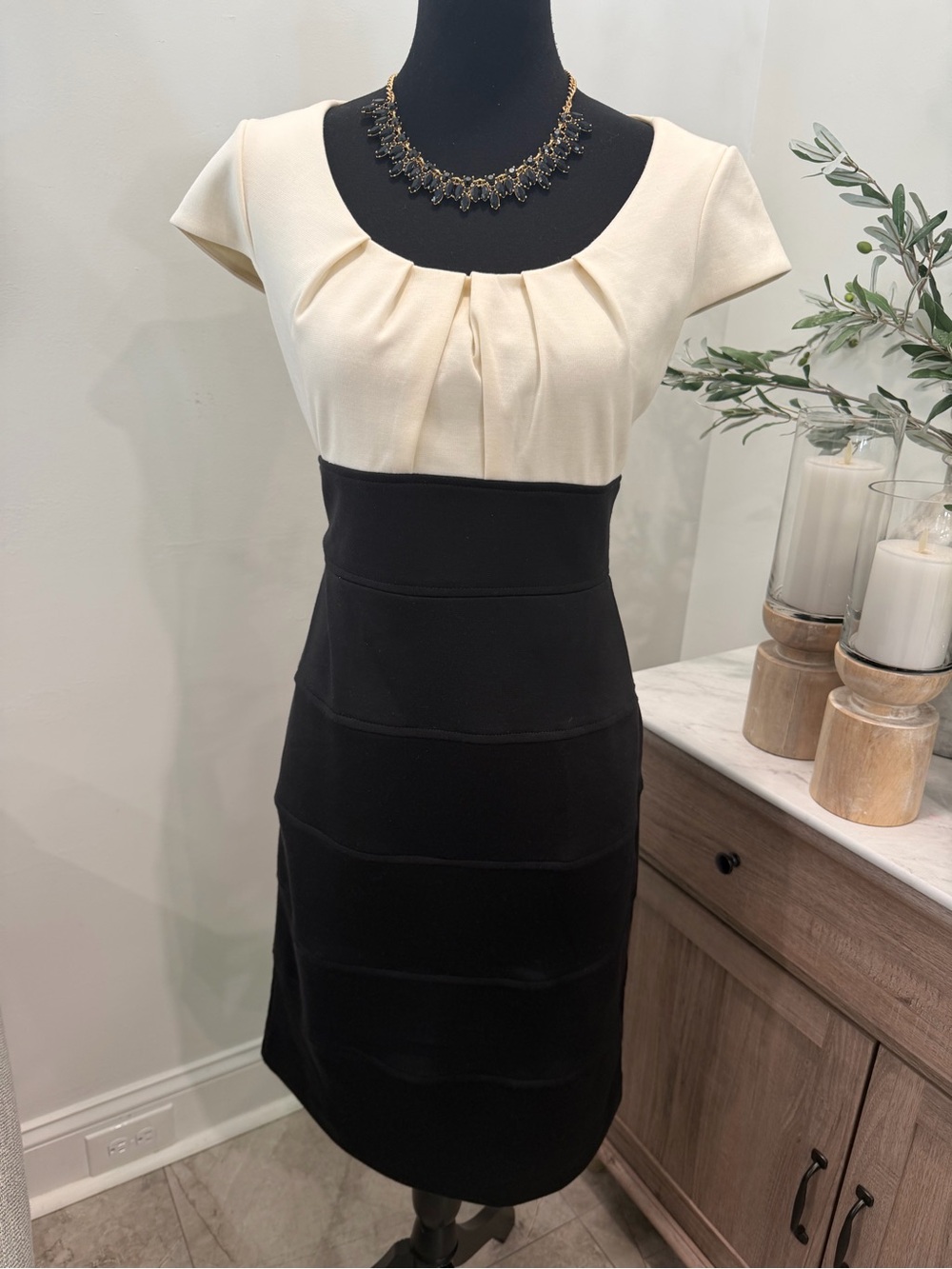 London Times Cream and Black Ponte Fit-and-Flare Midi Dress